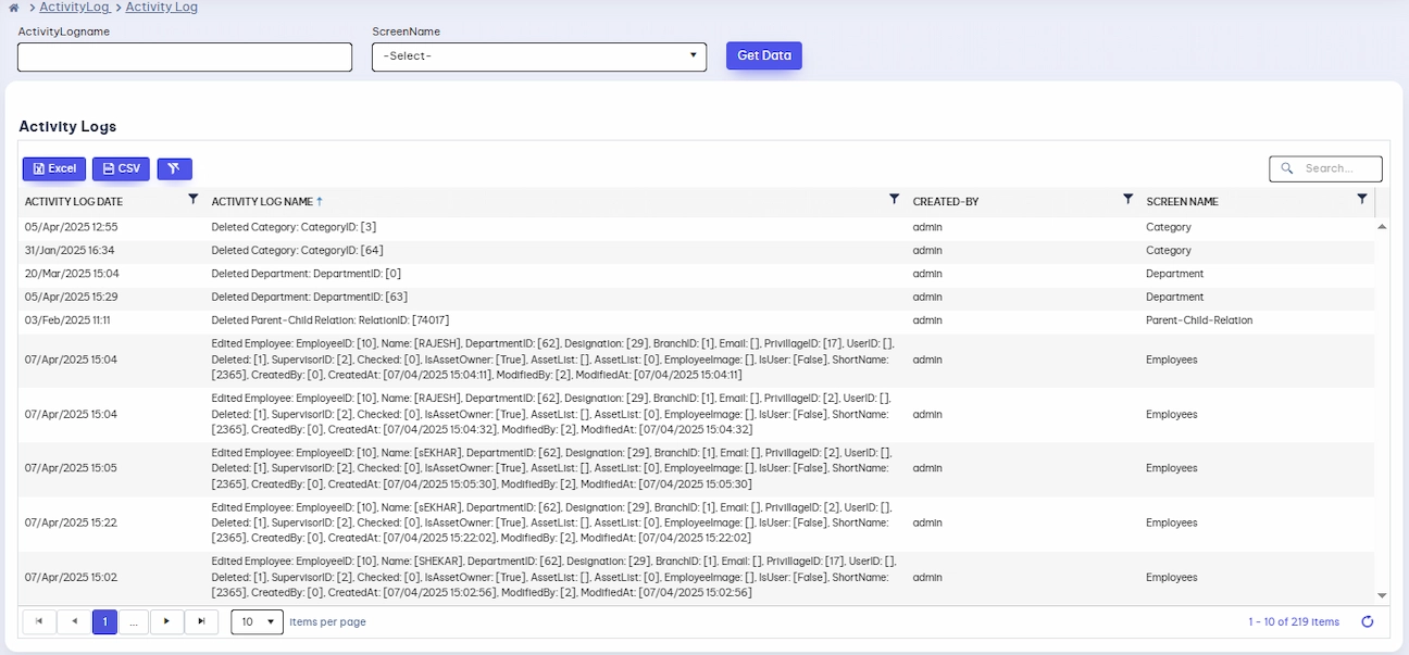 activity log